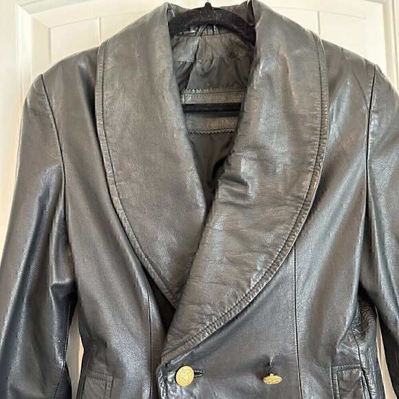 100% LEATHER gorgeous classic vintage 90s gold button blazer stretch women M - Picture 2 of 14